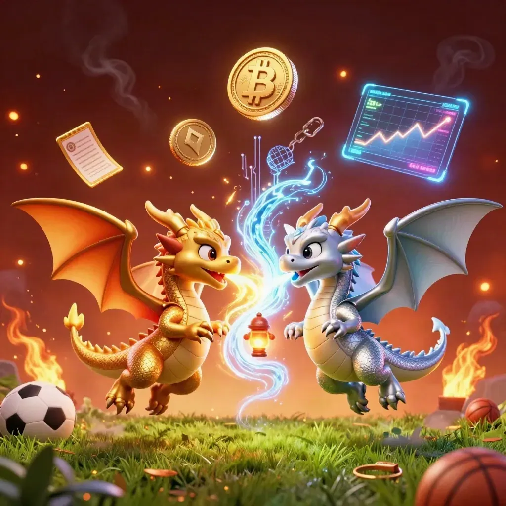 Gold and silver dragons clash with fire and ice amid sports betting icons in a glowing casino sky