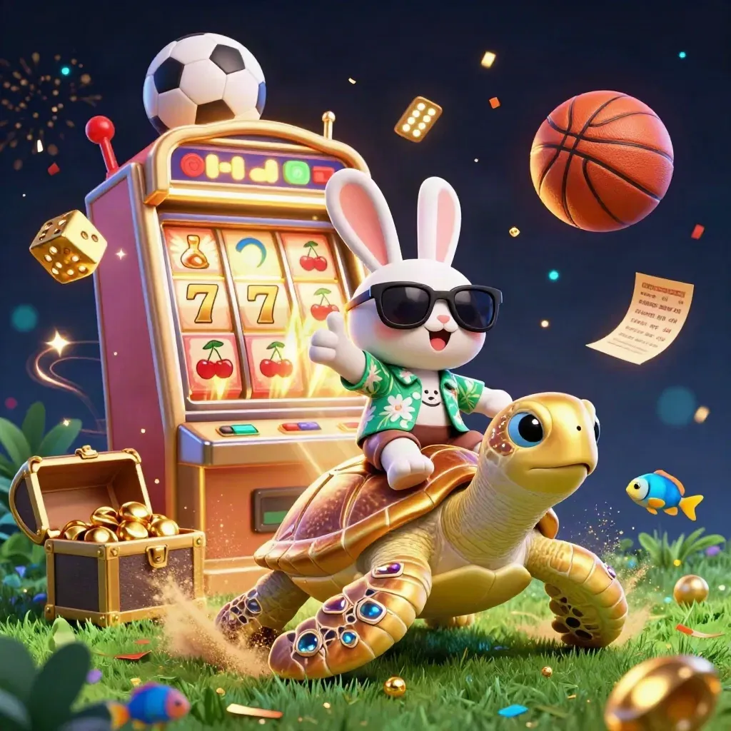 Lucky rabbit on gold turtle amid casino bursts, sports balls, and glowing effects.