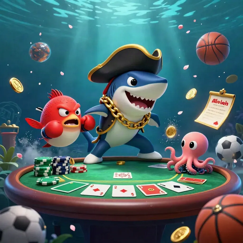 Shark pirate, boxing pufferfish, and juggling octopus amid casino chips under blue-green underwater light