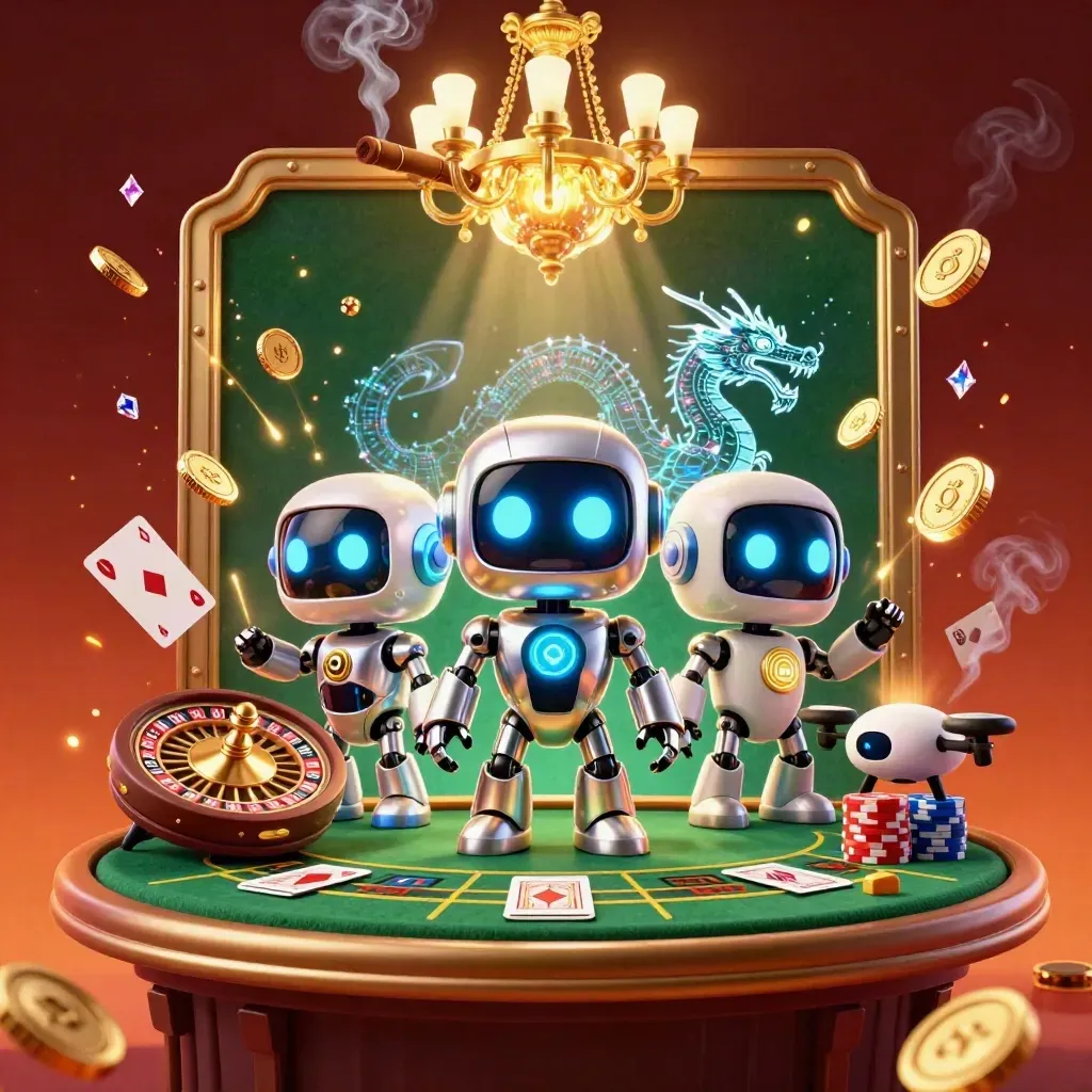 Cyberpunk robot, holographic dragon and drone in a luxe emerald casino room with coins, chips and glowing light.