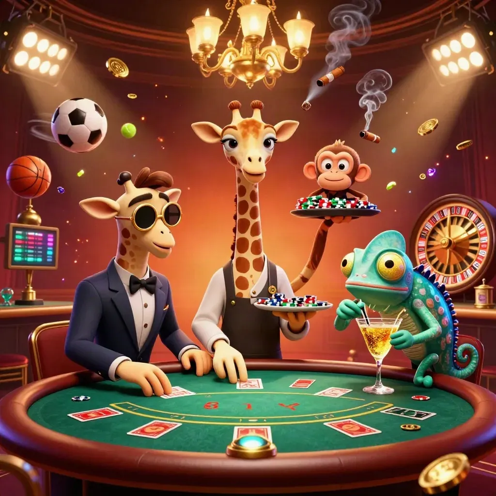 Giraffe, monkey, and chameleon in a glowing casino lounge with roulette, cards, and flying sports balls.
