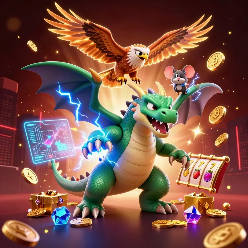 Thunder dragon, wind hawk, and static mouse amid coins, lightning, and casino glow.