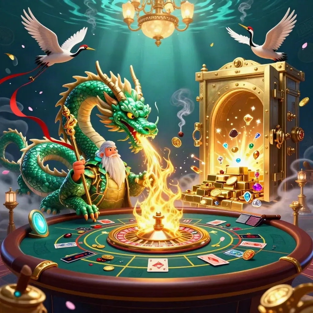 Emerald dragon, turtle sage, and cranes in a luxe casino scene with vault light, gold, and fog.