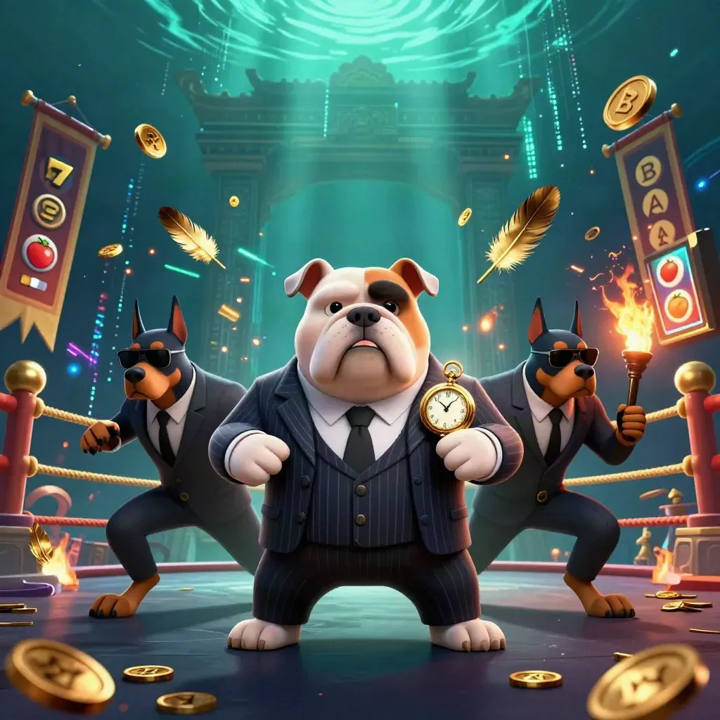 Bulldog mob boss and Dobermans blast through coins, banners, neon effects, and temple gates.