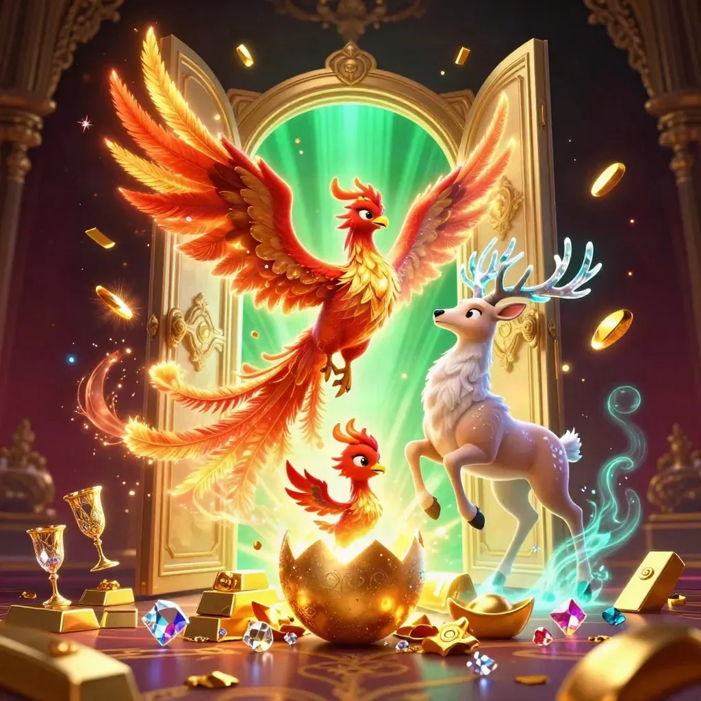 Phoenix, hatching chick, and crystal stag burst from a treasure vault in neon casino magic.