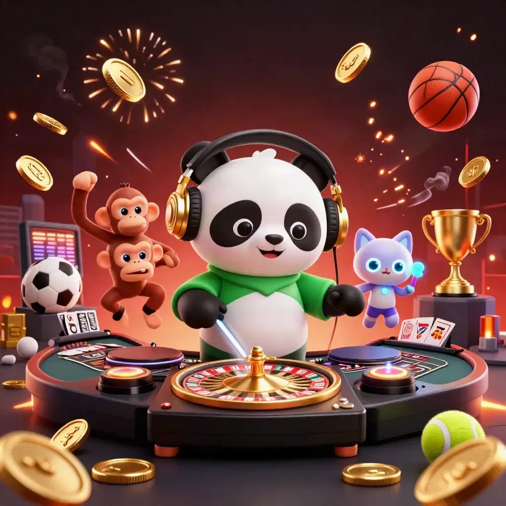 DJ panda, monkey, and glow-kitten burst amid coins, fireworks, and casino lights.