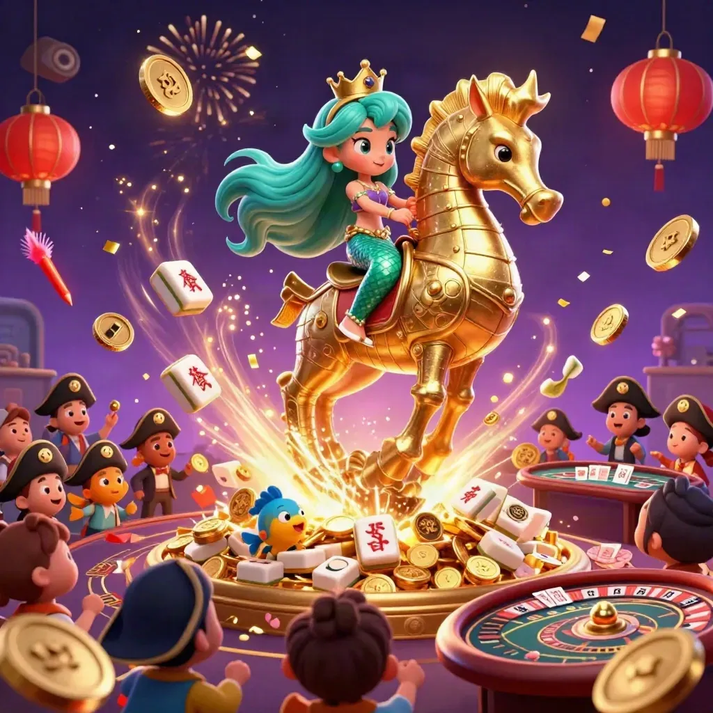Mermaid princess on armored seahorse amid gold coins, lanterns, roulette, cards, and pirate fish.
