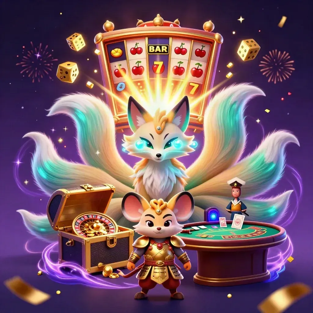 Fox spirit and samurai mouse amid exploding slots, coins, fireworks, and glowing casino magic.