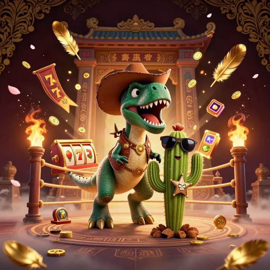 Cowboy T-Rex, cactus sidekick, and roadrunner amid casino relics on a dark luxe background.