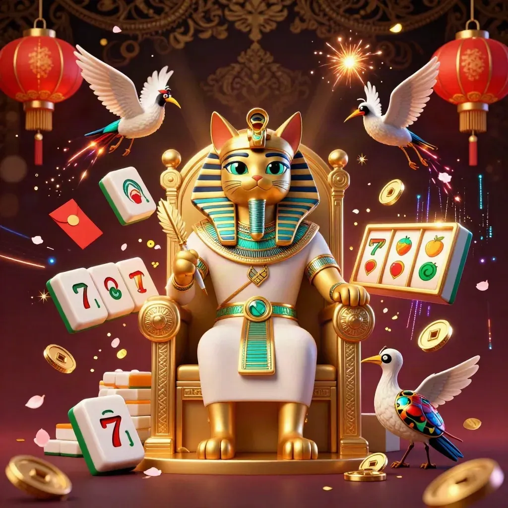Pharaoh cat on a gold throne with ibis scribe, scarabs, casino icons, and glowing luxury effects.