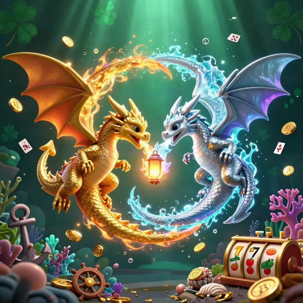 Twin gold and silver dragons swirl with treasure, bubbles, and glowing casino symbols in a dark emerald scene.